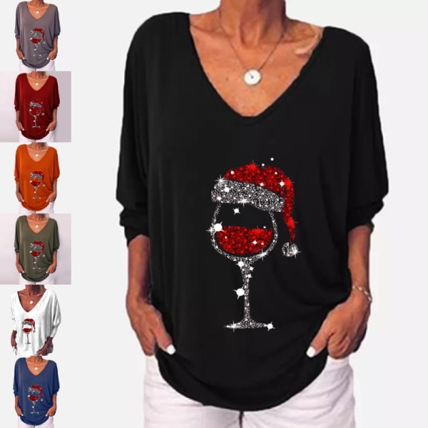 Kvinder V-hals 3/4 ærmet hat trykt Tee Glitter Xmas T-shirt Svart 5XL
