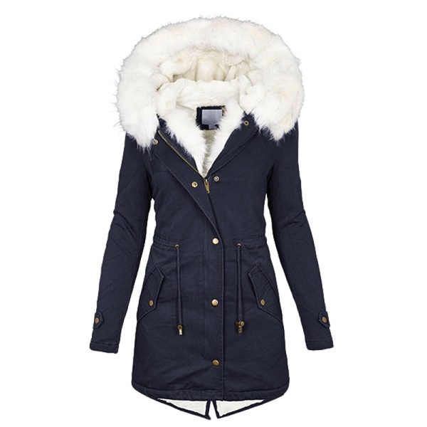 Kvinnor Långärmad Enfärgad Fuskpäls Hood Coat Knappar Ytterkläder Navy Blue L