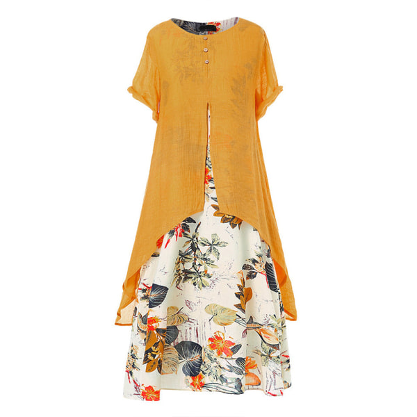Kvinders bomuldslinned trykt kortærmede falske todelte kjoler Yellow XL