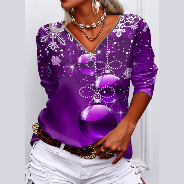 Kvinder langærmet V-hals lynlås Baggy Tee Christmas Print T-shirt Purple XL