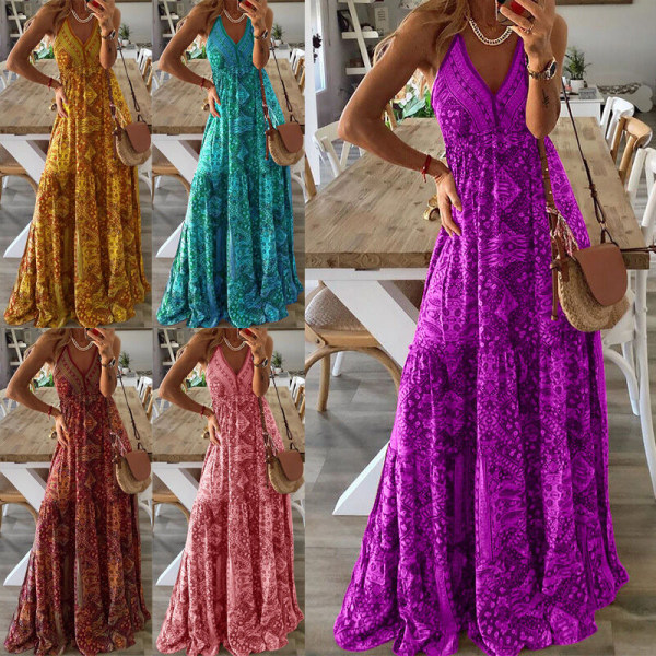 Kvinnor Print Sommar Beach Sundress Ärmlös lång klänning Purple M