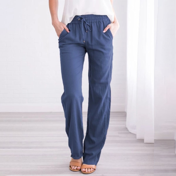 Kvinders bomuldslinjebukser med mellemtalje og elastiske lange bukser med brede ben Blue US M