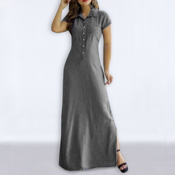 Kvinder kortærmet solkjole Button Down lang kjole Grey 5XL