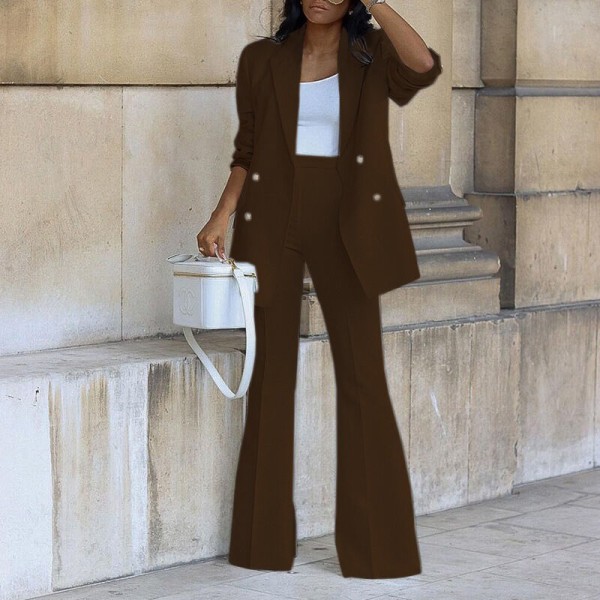 Kvinnor Lapel Collar Suit Set Blazer Och Byxor 2 Styck Outfits Coffee S