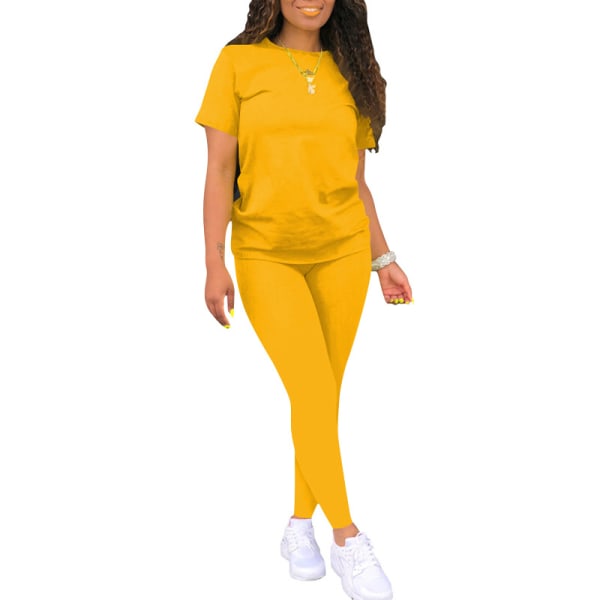 Kvinnor kortärmad tvådelad outfit besättningen hals set Yellow M