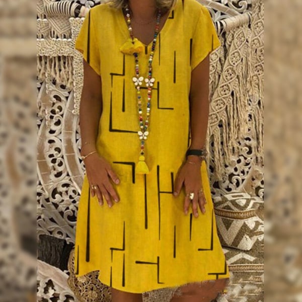 Kvinder V-hals A Line-kjole Mini Kjoler Kortærmet Summer Beach Yellow 4XL
