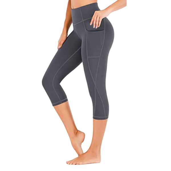 Capri Yoga byxor för kvinnor med hög midja, cropped byxor Pocket Fitness gray,3XL