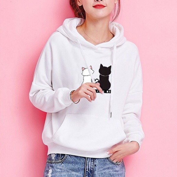 Damer med dragsko i fleece-huvtröjor för katt med print Vit M