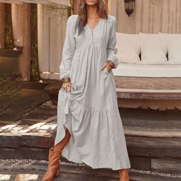Kvinder afslappet lang nederdel flæsede swing kjole lommeknapper Light Grey,XL