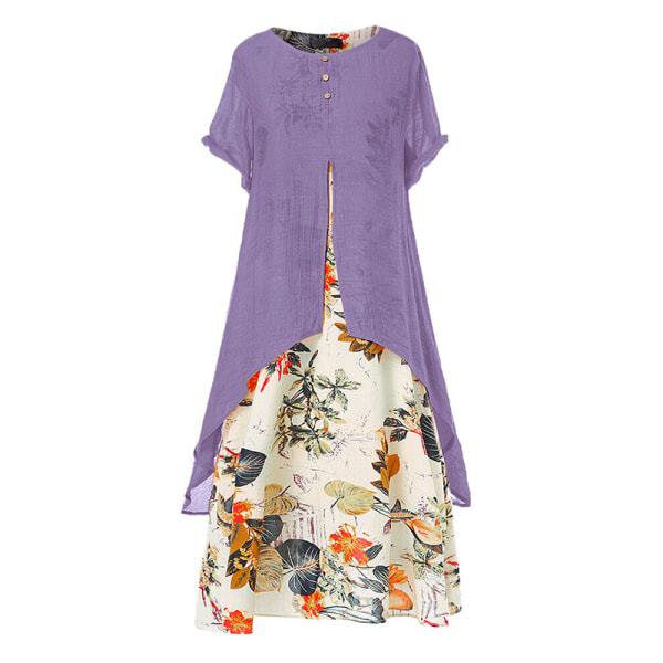 Kvinders bomuldslinned trykt kortærmede falske todelte kjoler Purple M