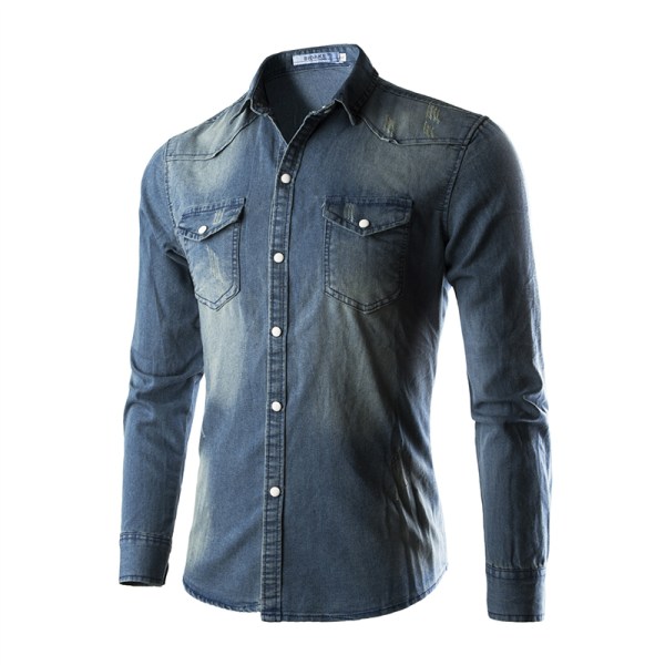 Vintermode jeansskjorta för män Långärmad T-shirt Navy Blue XL