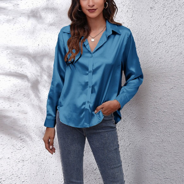 Böjd blus för dam Tunikaskjorta Satin långärmade T-shirts Blue S