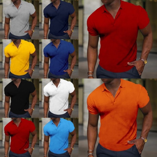 Mens Button Tee Lapel Neck Shirt Enfärgad Basic Plain Flottan Blå L