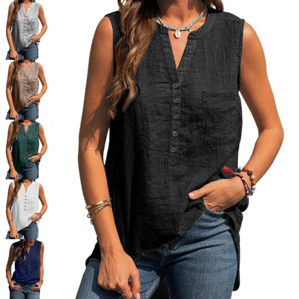 Ladies Summer Button V-hals Linne ärmlös T-shirt väst Svart M