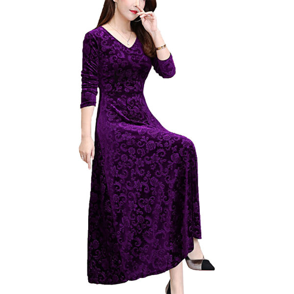 Kvinder Maxikjoler Langærmet V-hals Stor Swing Dress Party Dark Purple XL