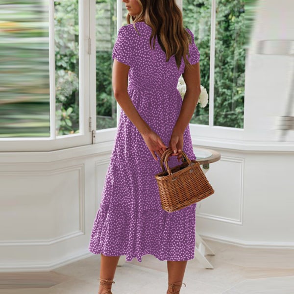 Dam kortärmad solklänning Polkaskjorta klänning Purple 2XL