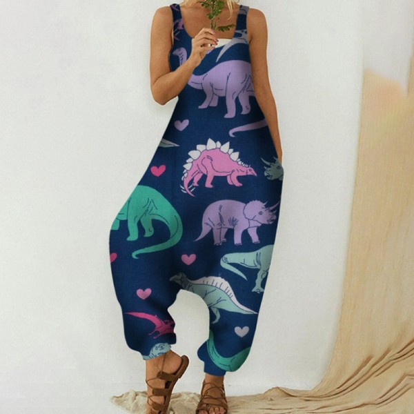Kvinder Jumpsuits med brede ben Bohemian lange bukser 4#Dinosaur XL