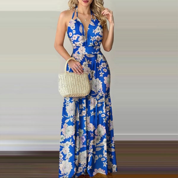 Dam solklänning V-ringad Maxiklänningar Lång klänning Beach Holiday Blue L