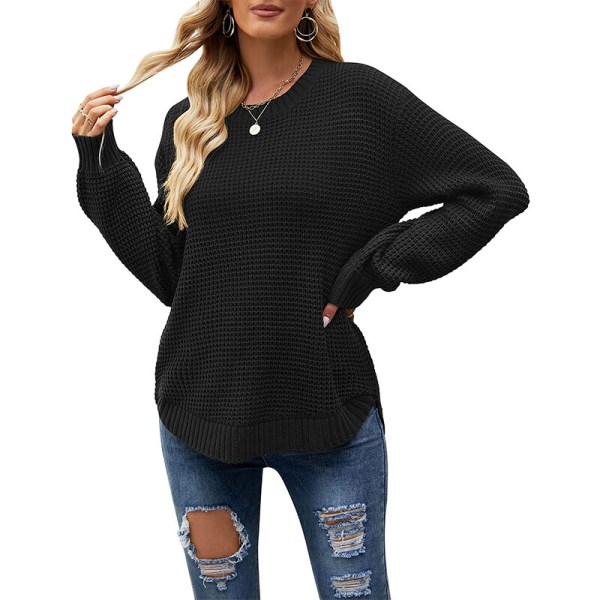Ensfarvet sweater langærmet dametrøje Black L