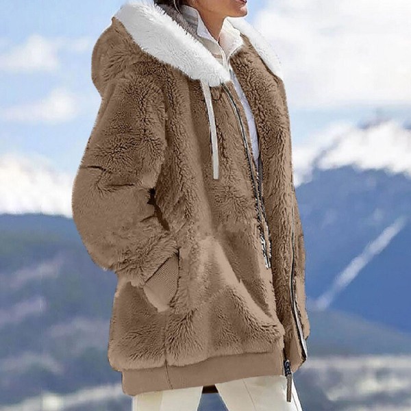 Naisten yksivärinen neuletakki vetoketjullinen Sherpa-takki Khaki 2XL