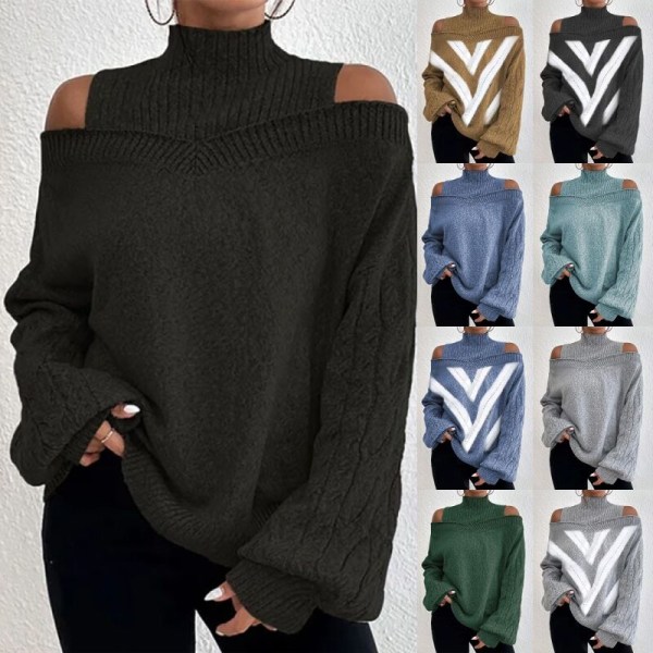 Dam Turtle Neck Puff Sleeve Cold Shoulder Stickade tröjor Blå XL