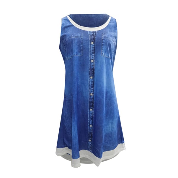Dam falsk 2-delad skjorta Sundress Tunika Midiklänning Scoop Neck Dark Blue L