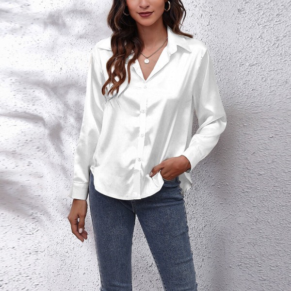 Böjd blus för dam Tunikaskjorta Satin långärmade T-shirts White 2XL