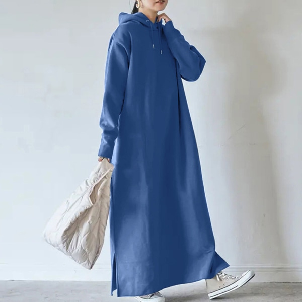 Kvinder Ensfarvet Pullover Fleece Foret Side Slid Hætte kjoler Blå 2XL