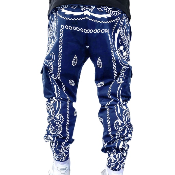 Mænd Multi-Pocket Drawstring Overalls Casual Hip-Hop Bukser Navy Blue,XL
