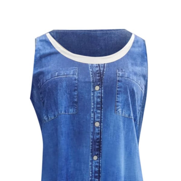 Dam falsk 2-delad skjorta Sundress Tunika Midiklänning Scoop Neck Dark Blue M