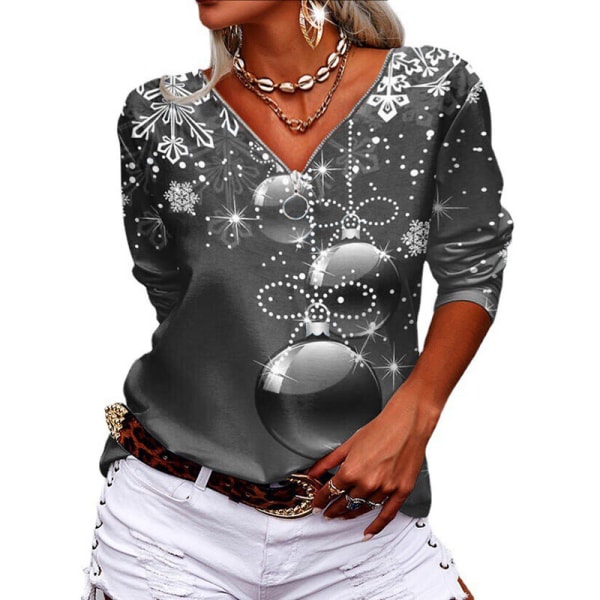 Naisten pitkähihainen V-kaula-vetoketju Baggy Tee Print paita Grey 5XL