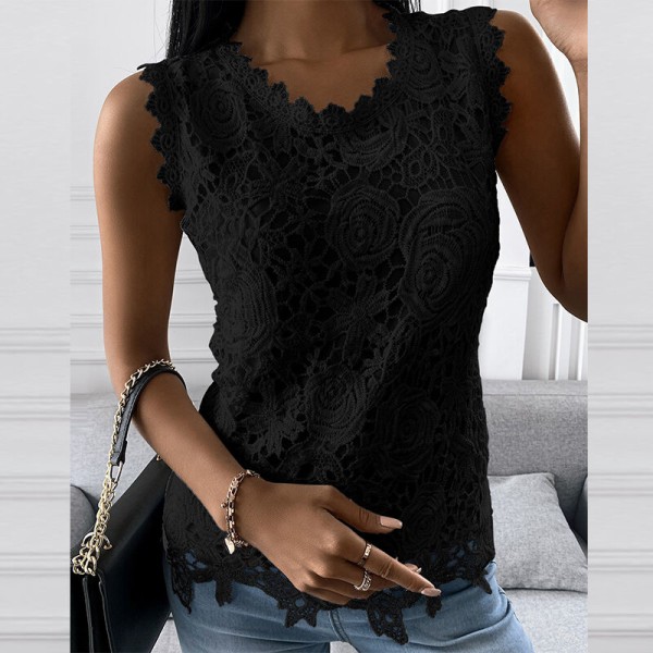 Ärmlösa linnen för kvinnor Spets T-shirts Black S