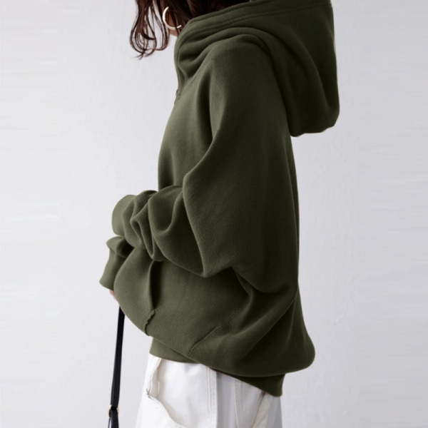 Enfärgad tröja för kvinnor med fickor med dragkedjor Army Green 2XL