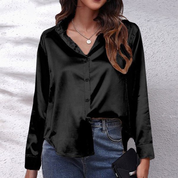 Böjd blus för dam Tunikaskjorta Satin långärmade T-shirts Black S