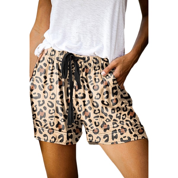 Plus size kvinnor sommar resår midja Shorts Baggy byxor Yellow Leopard,L