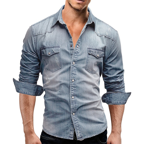 Vintermode jeansskjorta för män Långärmad T-shirt Wathet 2XL