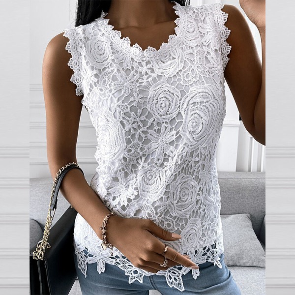 Ärmlösa linnen för kvinnor Spets T-shirts White 3XL