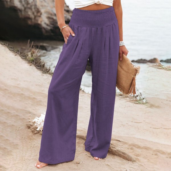 Kvinder højtaljeunderdele Løs afslappet bomuldslinned Pant med brede ben Purple 2XL