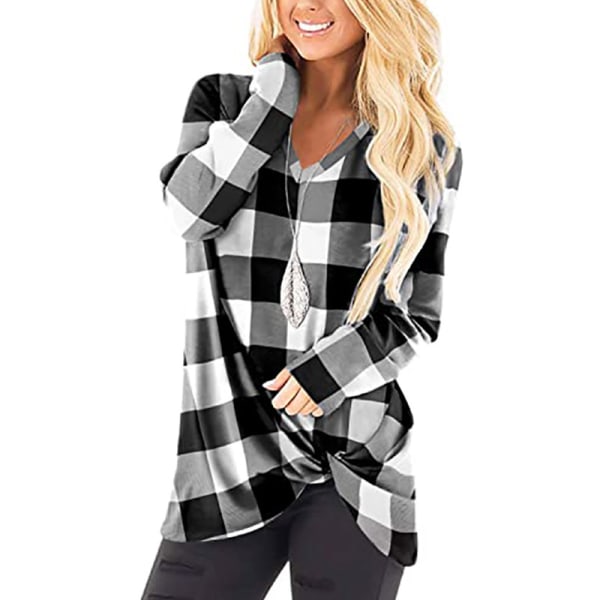 Damemode Plaid-stribet Longline langærmet V-hals T-shirt Svartvitt M