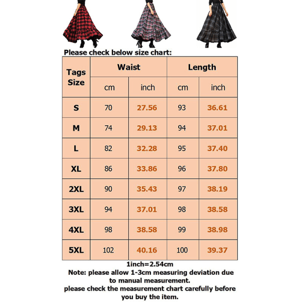 Kvinnor Rutig hög midja snörning lång kjol A-linje Maxi kjolar Röd XL