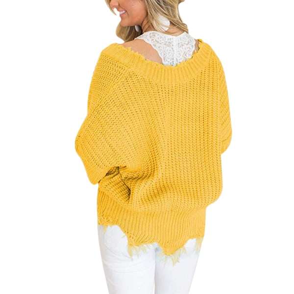 Dame V-hals strikket genser Off Shoulder Pullover Knitwear Topper Yellow 3XL