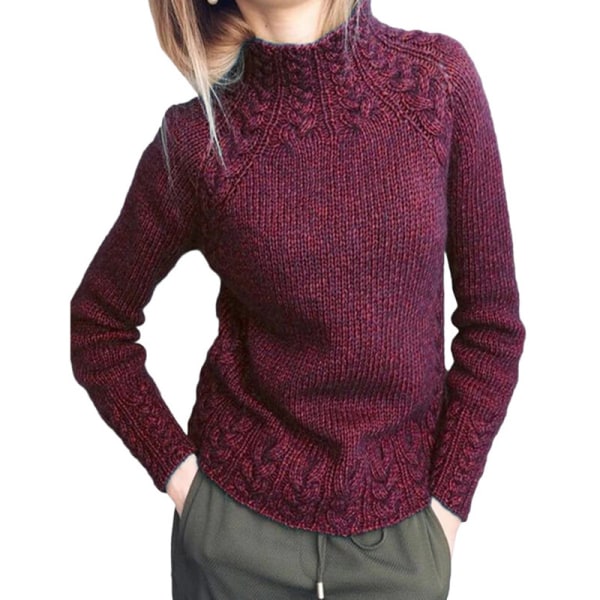 Kvinder langærmet højhalset striktrøjer ensfarvet sweater Claret 2XL