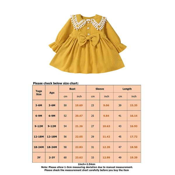 Baby långärmade klänningar Volang festklänning Yellow 9-12M