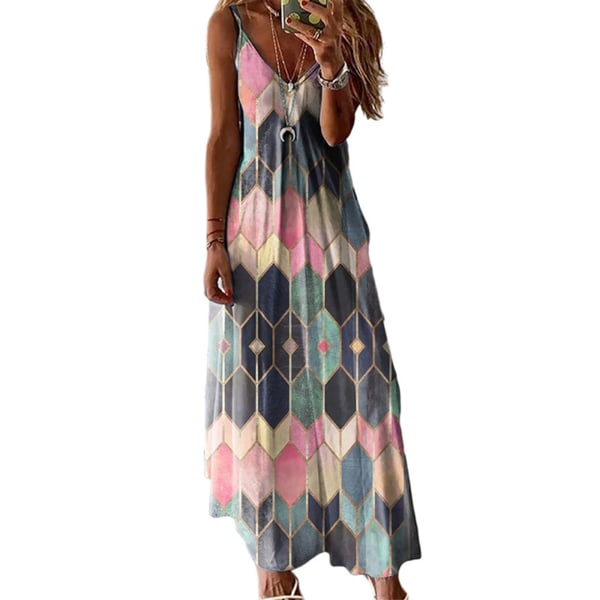 Kvinnors geometriskt print ärmlös sling lång klänning pink,3XL