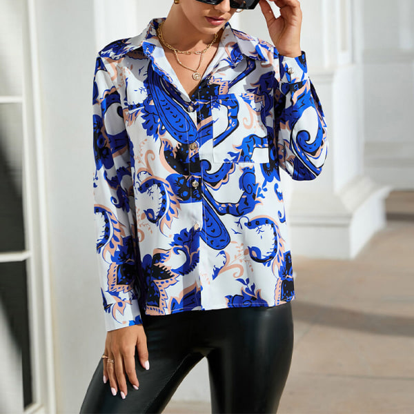 Kvinnor print skjortor Zebrarandig printed blus sommar Blå M