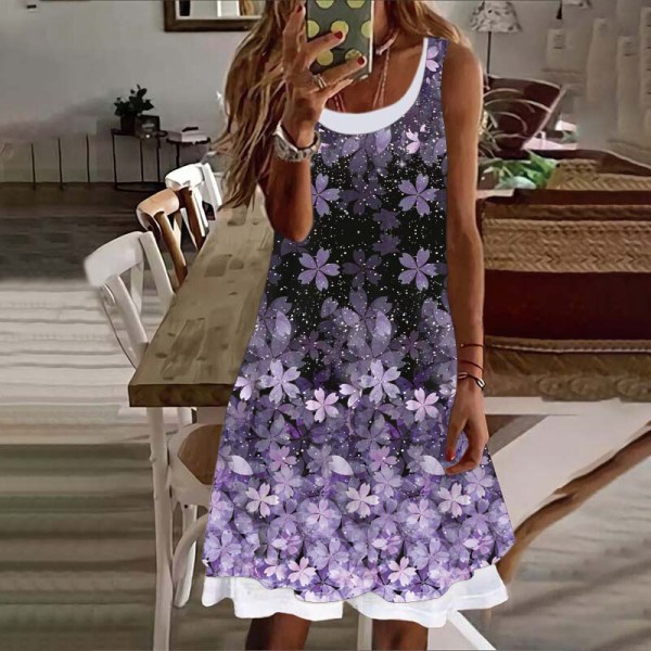 Kvinnor ärmlös sommar strand solklänning blommigt print midiklänning Purple 2XL