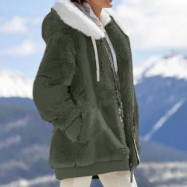 Naisten yksivärinen neuletakki vetoketjullinen Sherpa-takki Army Green S