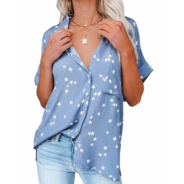 Kvinnors kortärmade Casual Shirts Button Up Lapel Blus Tops Blue 3XL