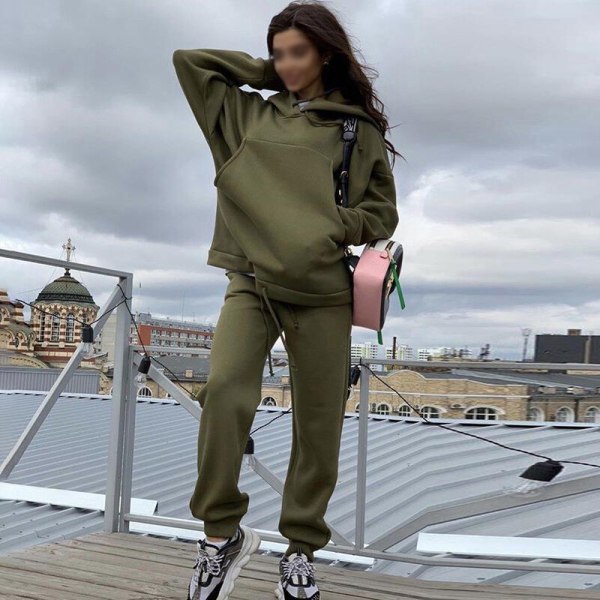 Dame ensfarvet joggersæt langærmet todelt outfit Army Green M
