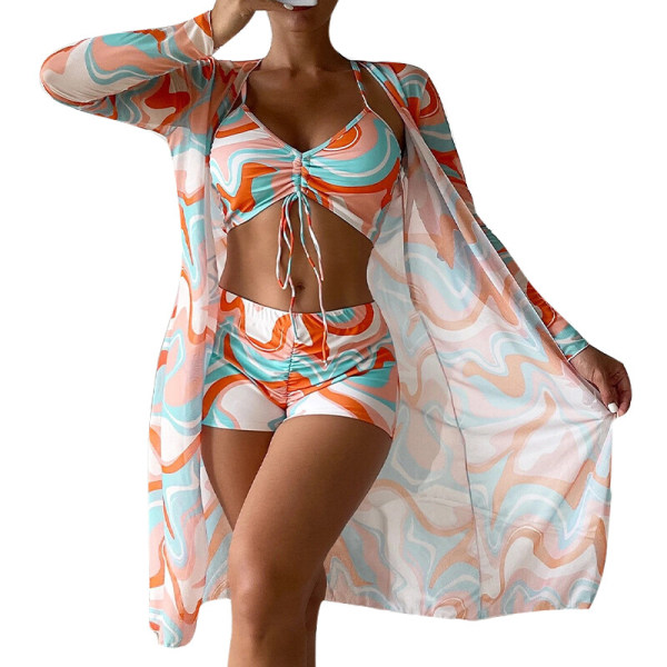 Kvinnor Ruched Wire Gratis Baddräkt Print Swim Bikini Set Orange M